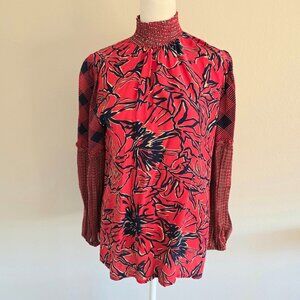 Anthropologie Bl^nk London Blouse Red & Navy Turtle Neck Chiffon Top Size S